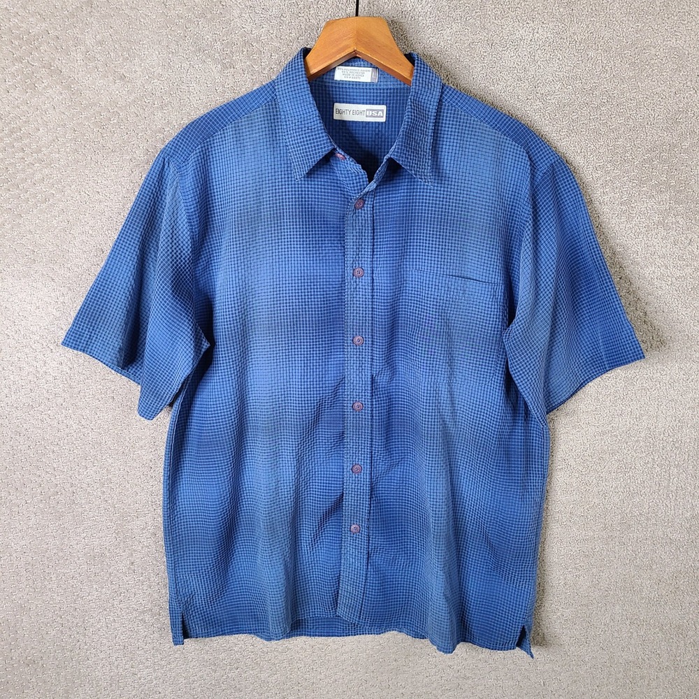 Eighty Eight USA Shirt Mens Large Blue Check Button Up Short Sleeve Rayon Blend